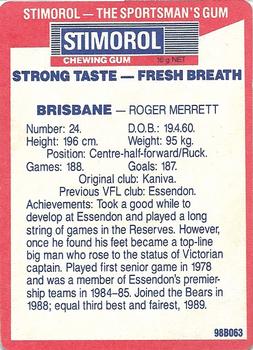 1990 AFL Scanlens Stimorol #114 Roger Merrett Back